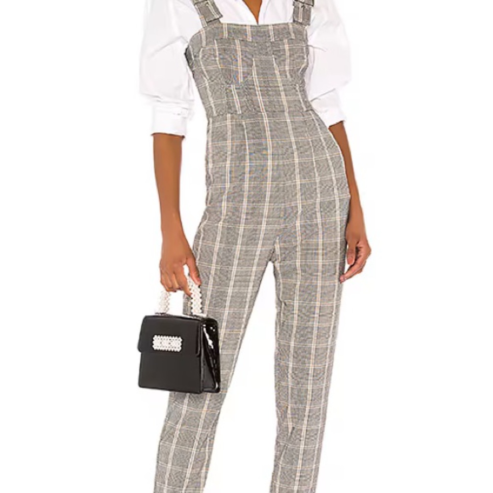 Gray Plaid Jumpsuit with Black Handbag